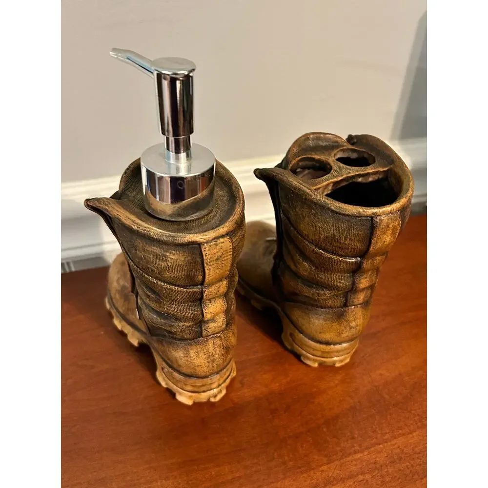 Vintage Western Cowboy Boot Soap Dispenser Toothbrush Holder Set Rustic